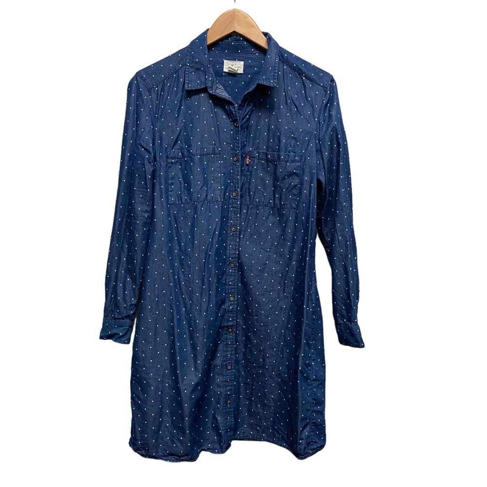 Levis Polka Dot Shirt Dress Women's Sz M Long Sleeve Pockets Polo- MISSING BELT